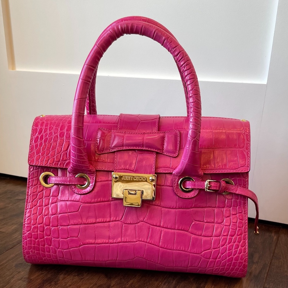 Jimmy Choo Pink Rosalie Handle Crocodile Embossed Leather Bag